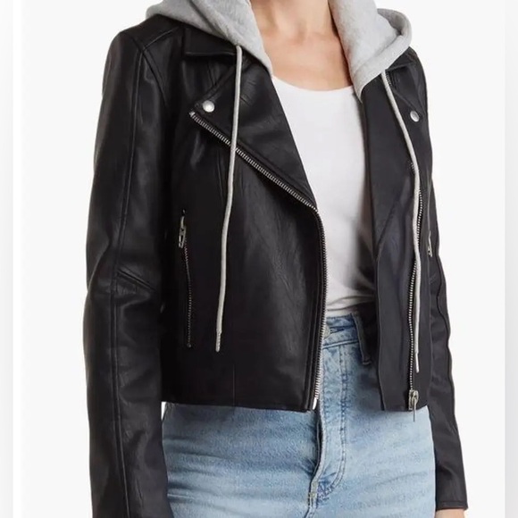 NWT Blank NYC Hooded Crop Two-in-One Vegan Leather Moto Jacket - Picture 3 of 5